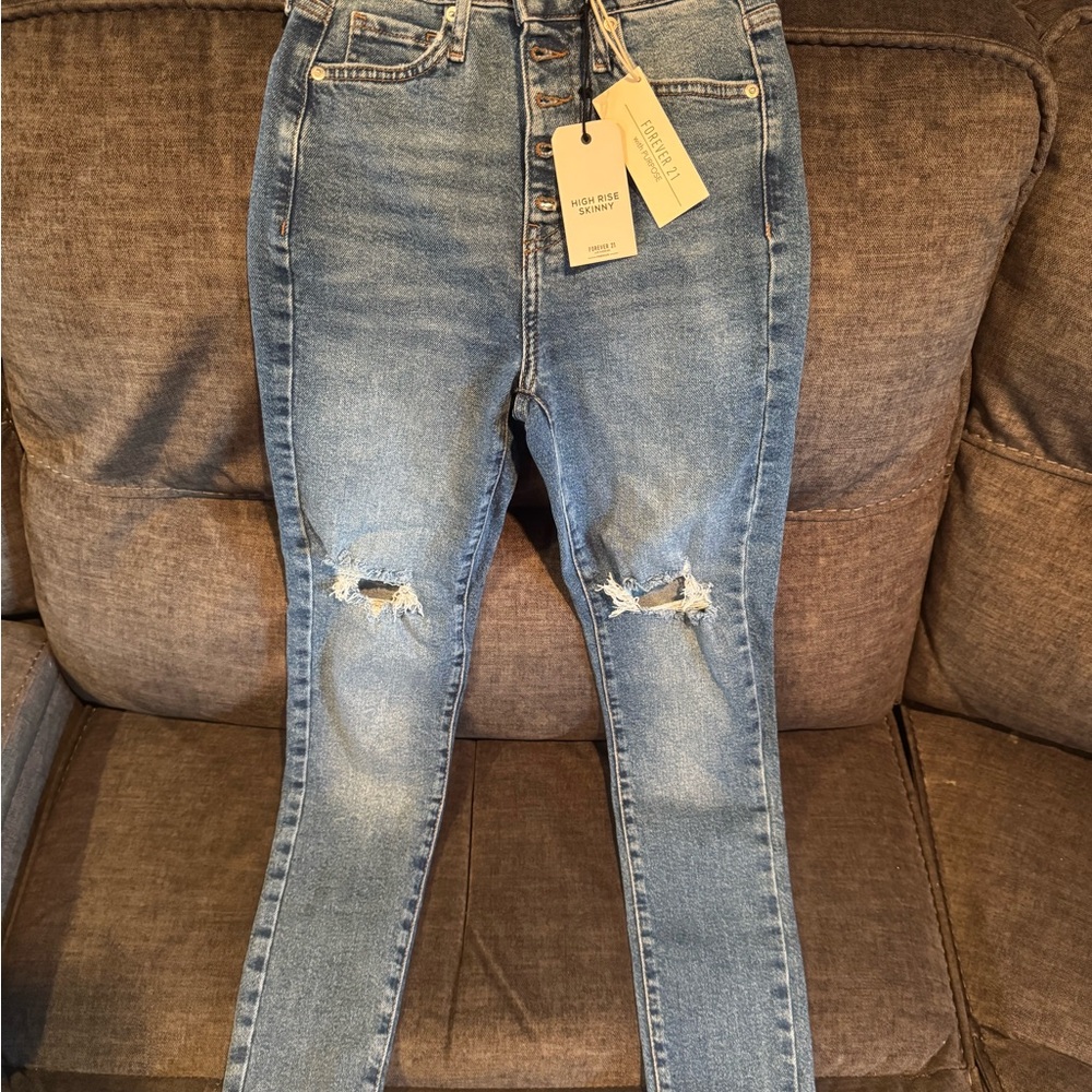 Forever 21 Light Blue Ripped High Rise Skinny Jeans